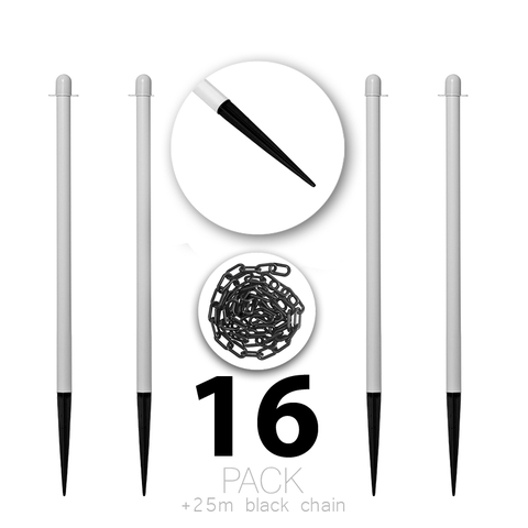 (16er Packung) Flexibarrier Pfosten & Kettenabsperrung mit Kunststoffstange – Spieß und 25m Kette