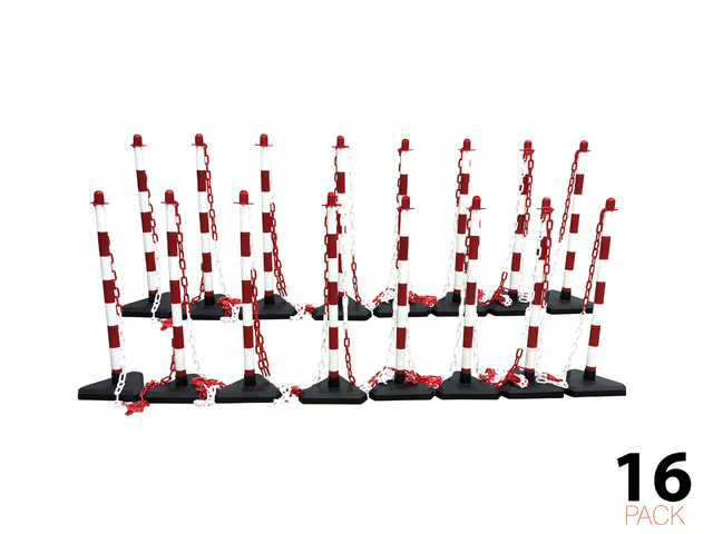 Pfosten- & Kettenabsperrungsset -Economy-, 16 Pfosten inkl. 25m Kunststoffkette (Rot/Weiß)