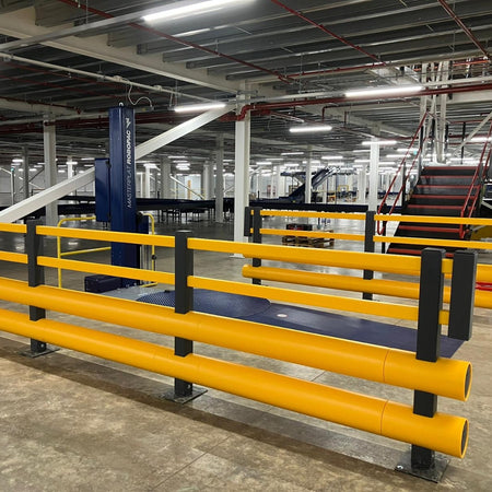 Brandsafe double bumper pedestrian barrier for warehouse and industrial safety