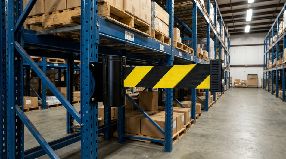 FlexiBarrier Wandmontierte Absperrung – Economy – Magnetisch (2,3–4,5 m Gurt)