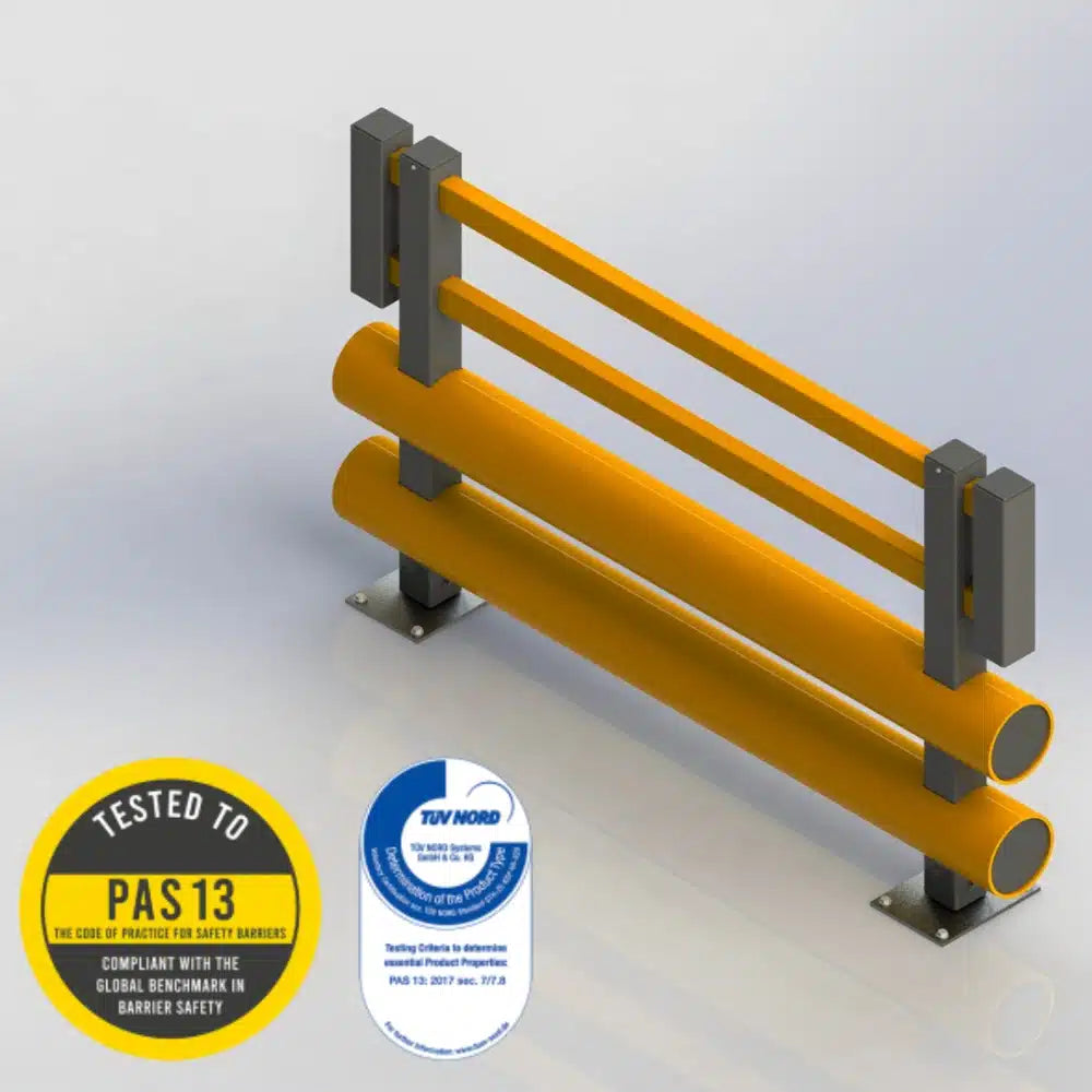 Brandsafe double bumper pedestrian barrier in Safety Yellow and Grey