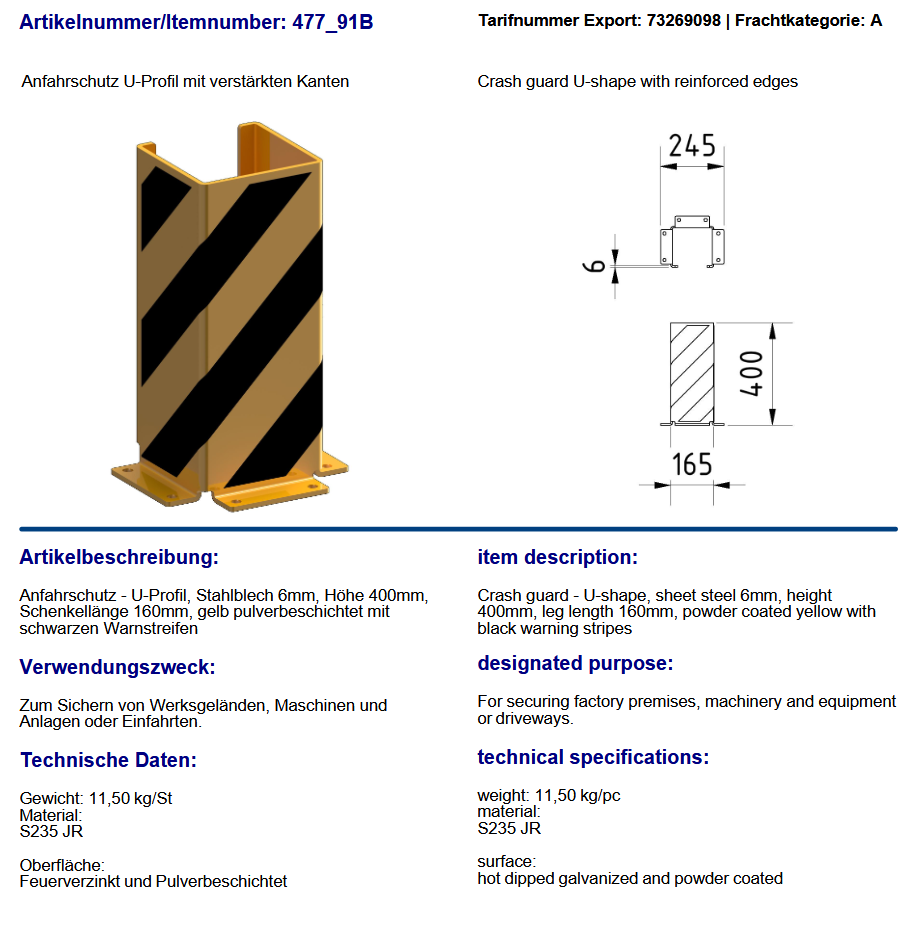 Anfahrschutz für Palettenregale -Crash Guard- U-Form mit verstärkten Kanten